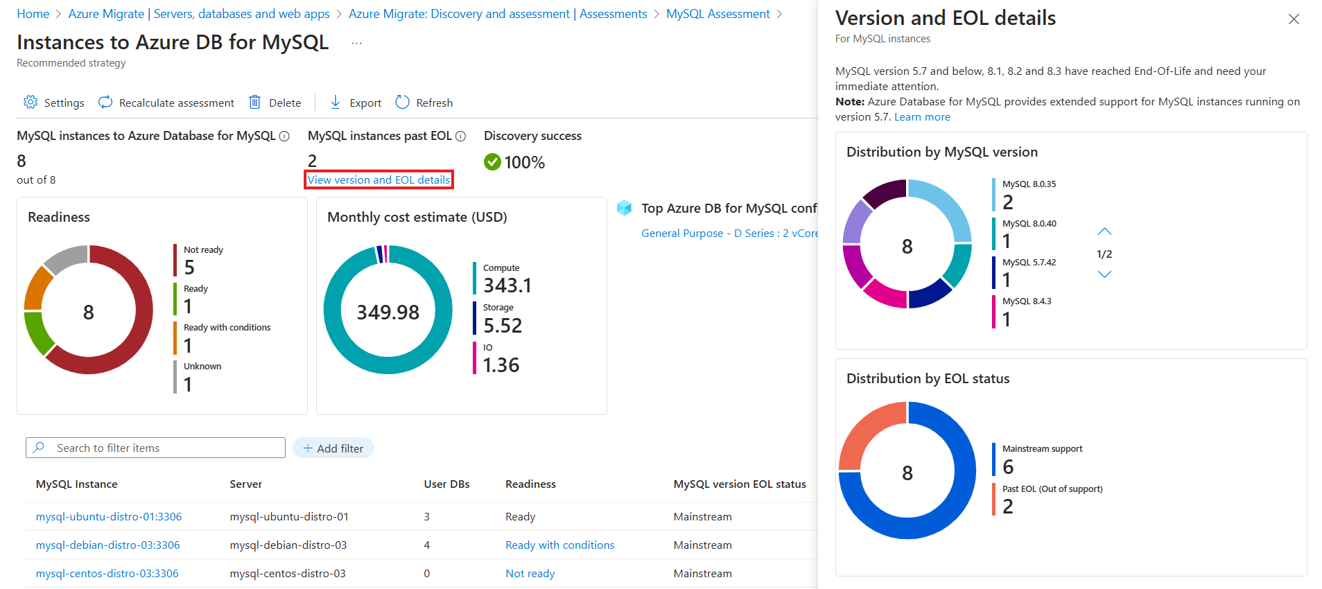 Captura de tela sobre como visualizar a versão do MySQL e os detalhes sobre seu fim de vida.