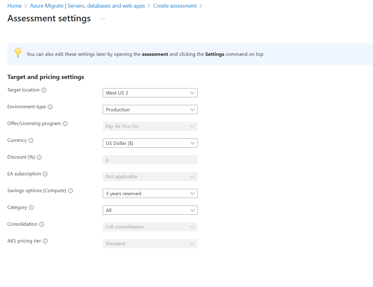 Captura de tela da alteração das configurações de destino para a avaliação de aplicativo Web.