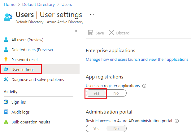Verify in User Settings that users can register Active Directory apps.
