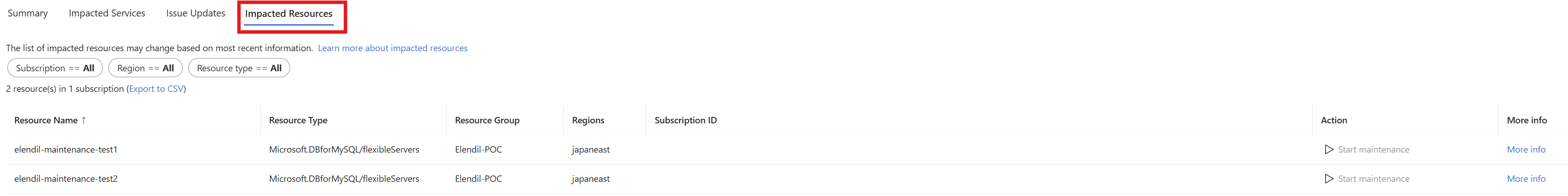 Captura de tela que mostra a página de recursos afetada.