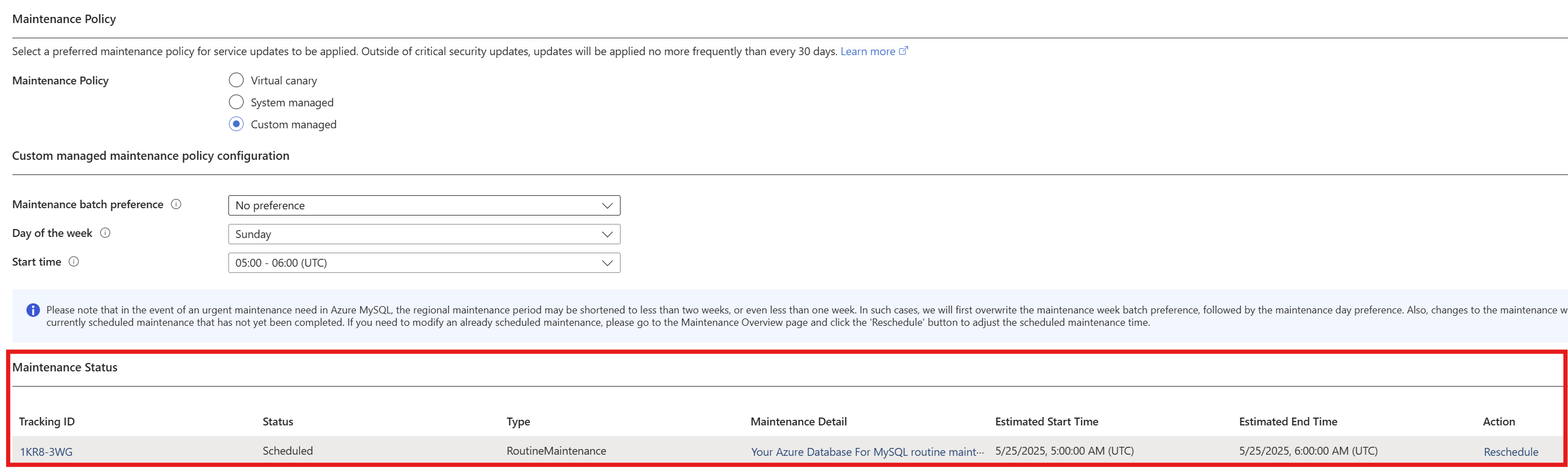 Captura de tela que mostra o status da manutenção.