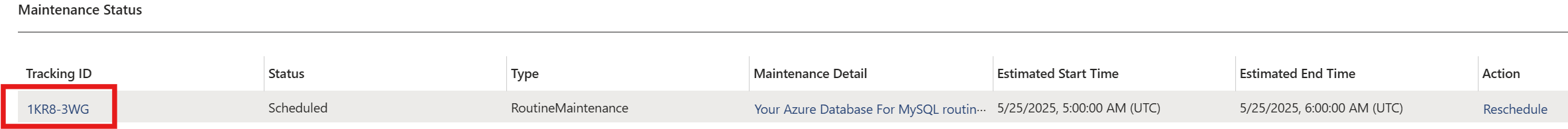 Captura de tela que mostra o TrackingID de manutenção.