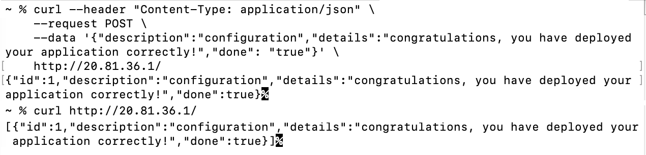 Captura de tela que mostra a saída da linha de comando de solicitações cURL.