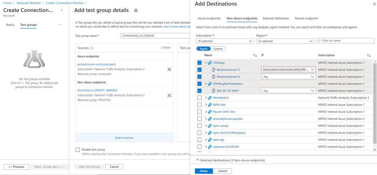 Captura de tela que mostra o painel 'Adicionar Destinos' e o painel 'Pontos de extremidade que não são do Azure'.