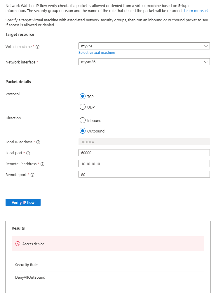 Captura de tela mostra o resultado da verificação de fluxo de IP para o endereço IP 10.10.10.10.