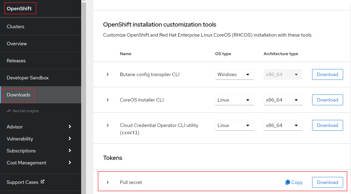 Captura de tela do portal do console do Red Hat mostrando o segredo de pull.