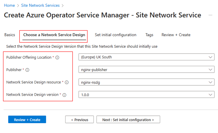 Screenshot showing the Choose a Network Service Design tab with the mandatory fields.