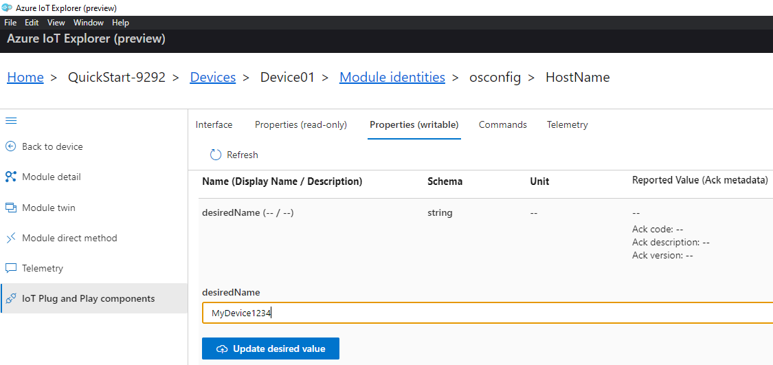 Captura de tela do modo de exibição avançado DTDL do IoT Explorer para propriedade gravável