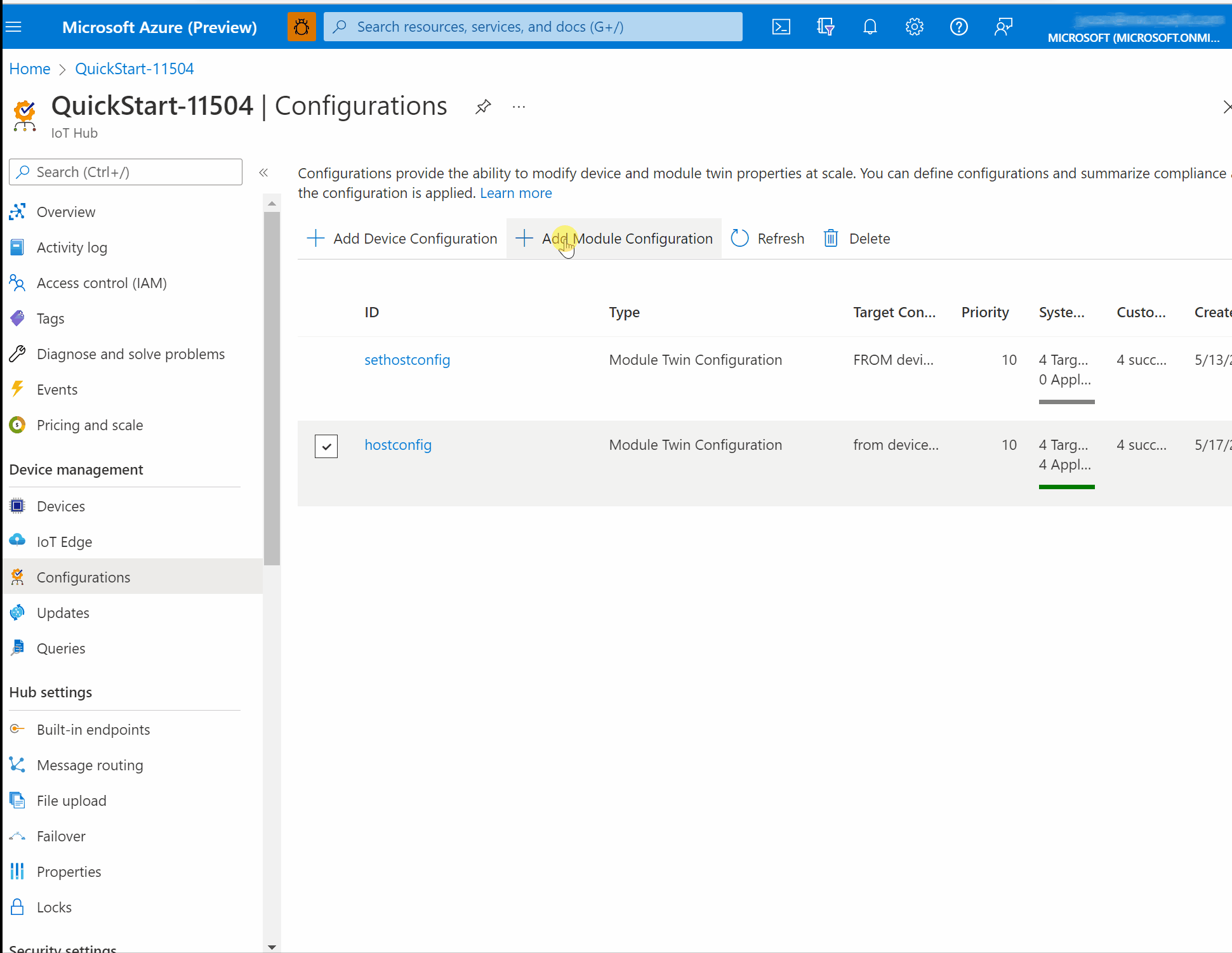 Captura de tela mostrando a criação de uma configuração do Portal do Azure com configurações de PackageManagerConfiguration