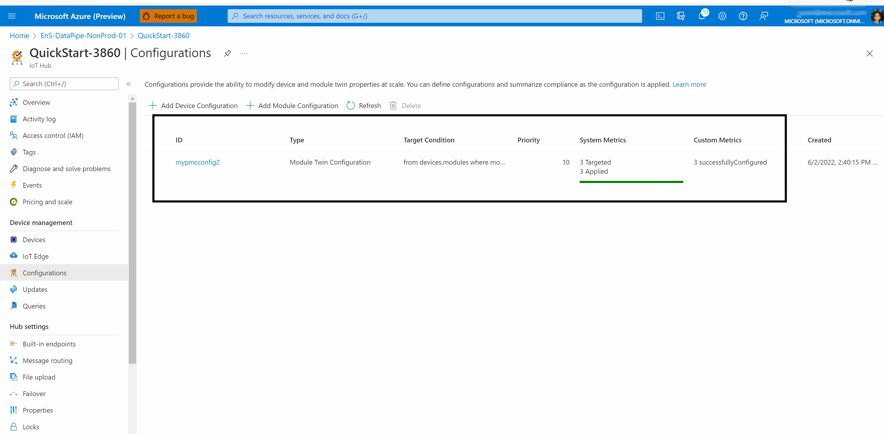 Captura de tela que mostra como consultar as métricas para acompanhar dispositivos com êxito no Portal do Azure