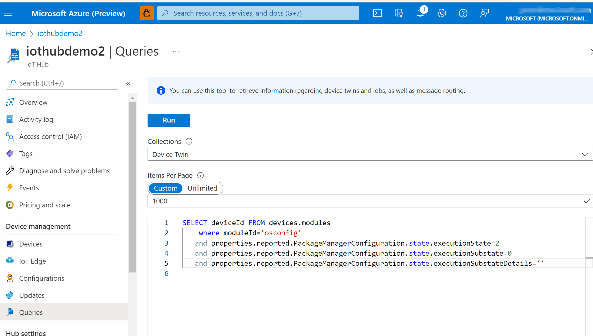 Captura de tela que mostra como consultar a configuração do gerenciador de pacotes que foi aplicada com êxito no Portal do Azure