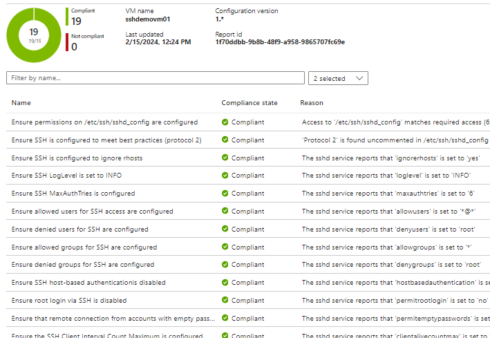 Captura de tela mostrando a lista de verificações SSH compatíveis