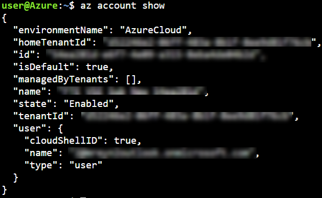 screenshot of command: az account show