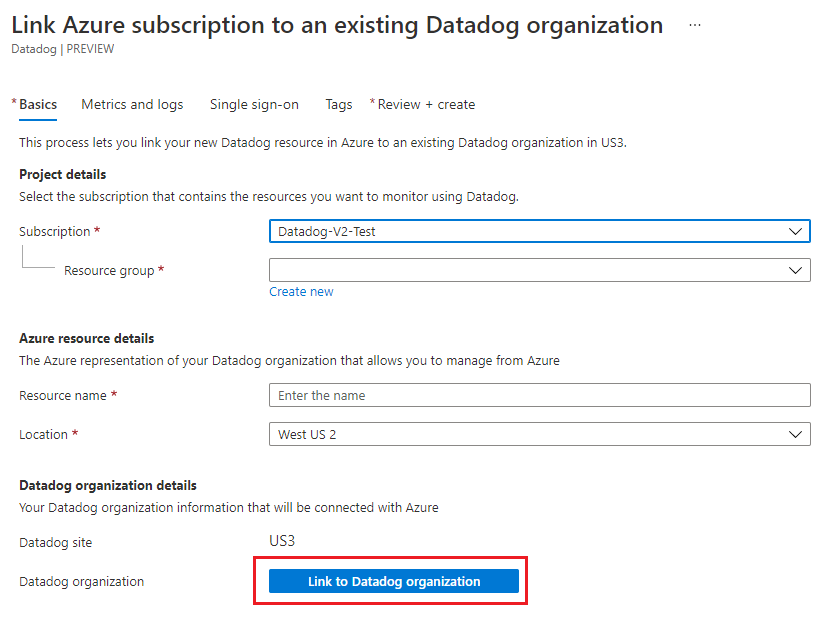 Link para a organização do Datadog existente.
