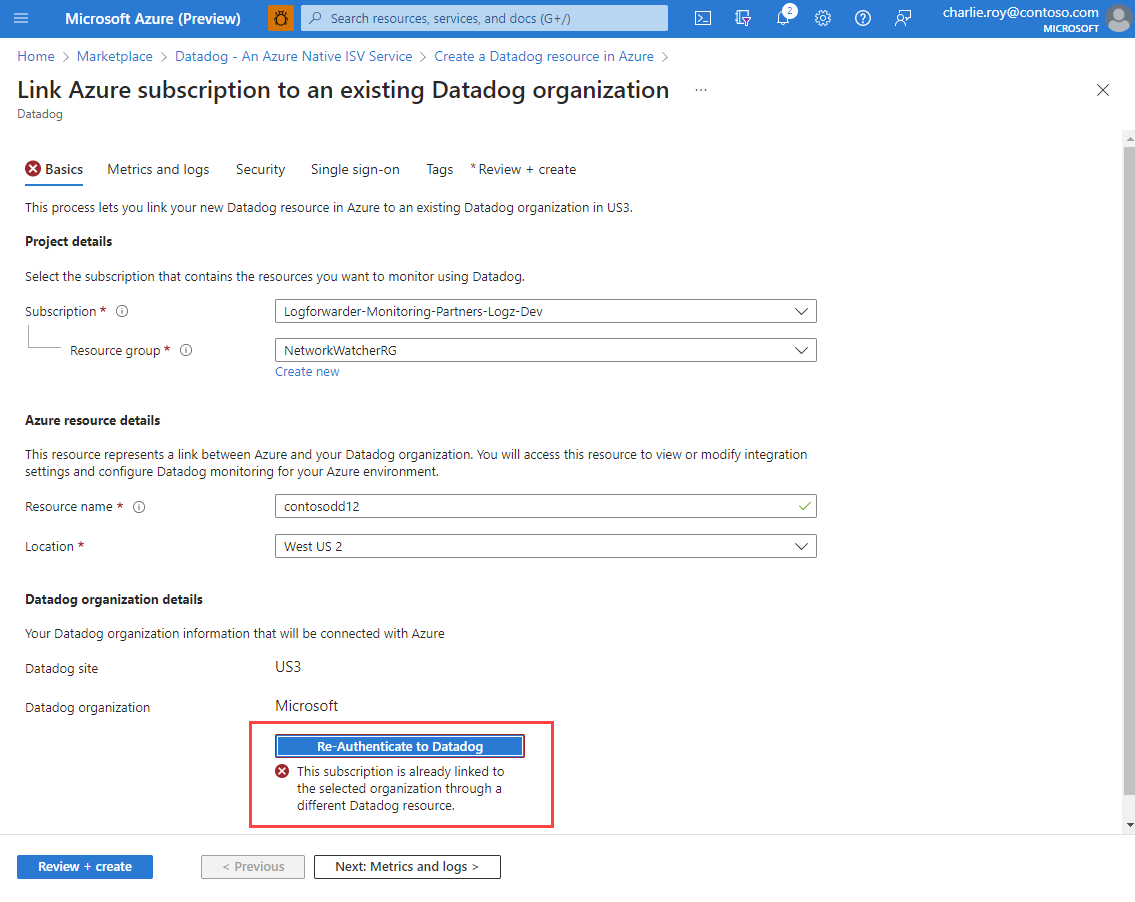 Captura de tela informando que uma assinatura já está vinculada à organização selecionada através de um recurso diferente do Datadog.