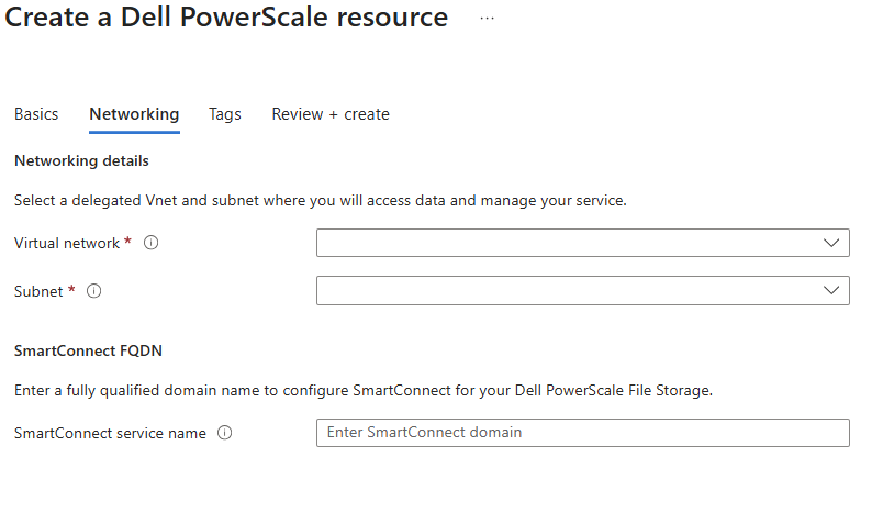 Captura de tela que mostra a guia Rede da página Criar um recurso do Dell PowerScale.