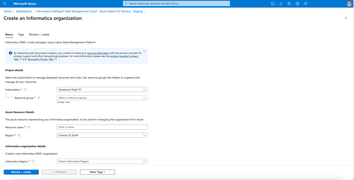 Captura de tela do painel Informações Básicas da experiência de criação do Informatica.