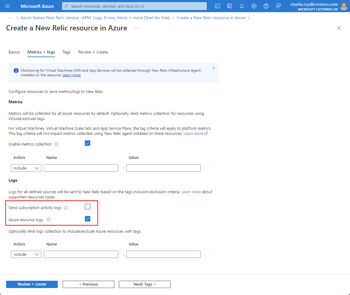 Captura de tela da guia para logs em um recurso New Relic, com os logs de recursos selecionados.