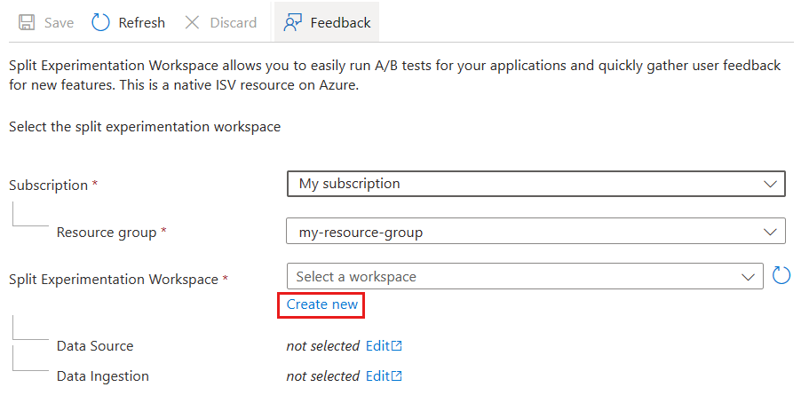 Captura de tela do portal do Azure, selecionando Criar novo Workspace de Experimentação Dividida.