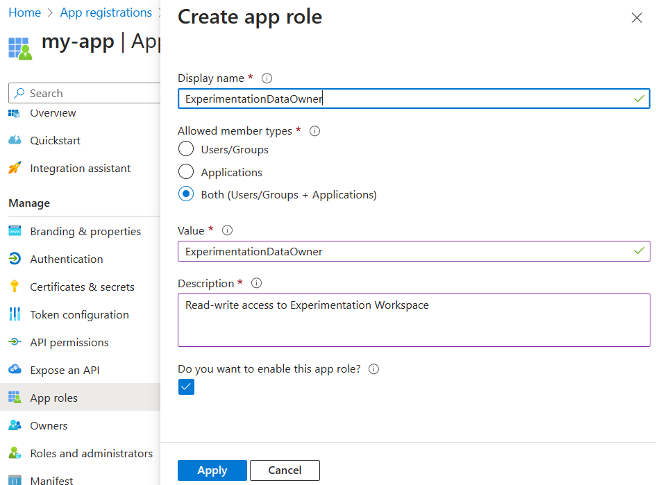 Captura de tela do centro de administração do Microsoft Entra mostrando como criar uma função de aplicativo.