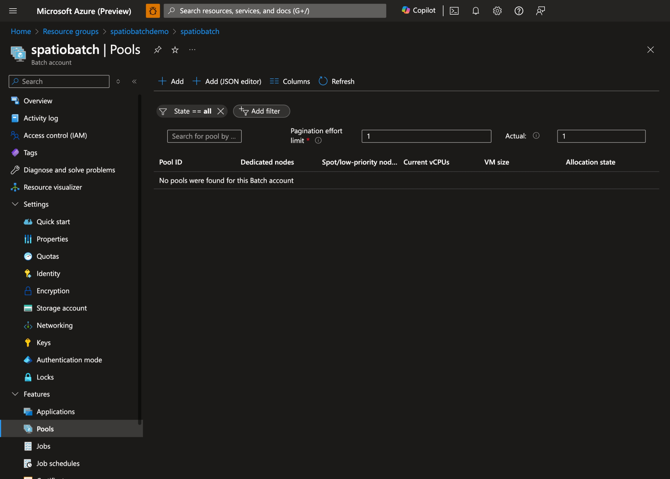 captura de tela do portal do Azure mostrando a seção Pools de uma conta do Lote, com opções para adicionar e gerenciar pools.