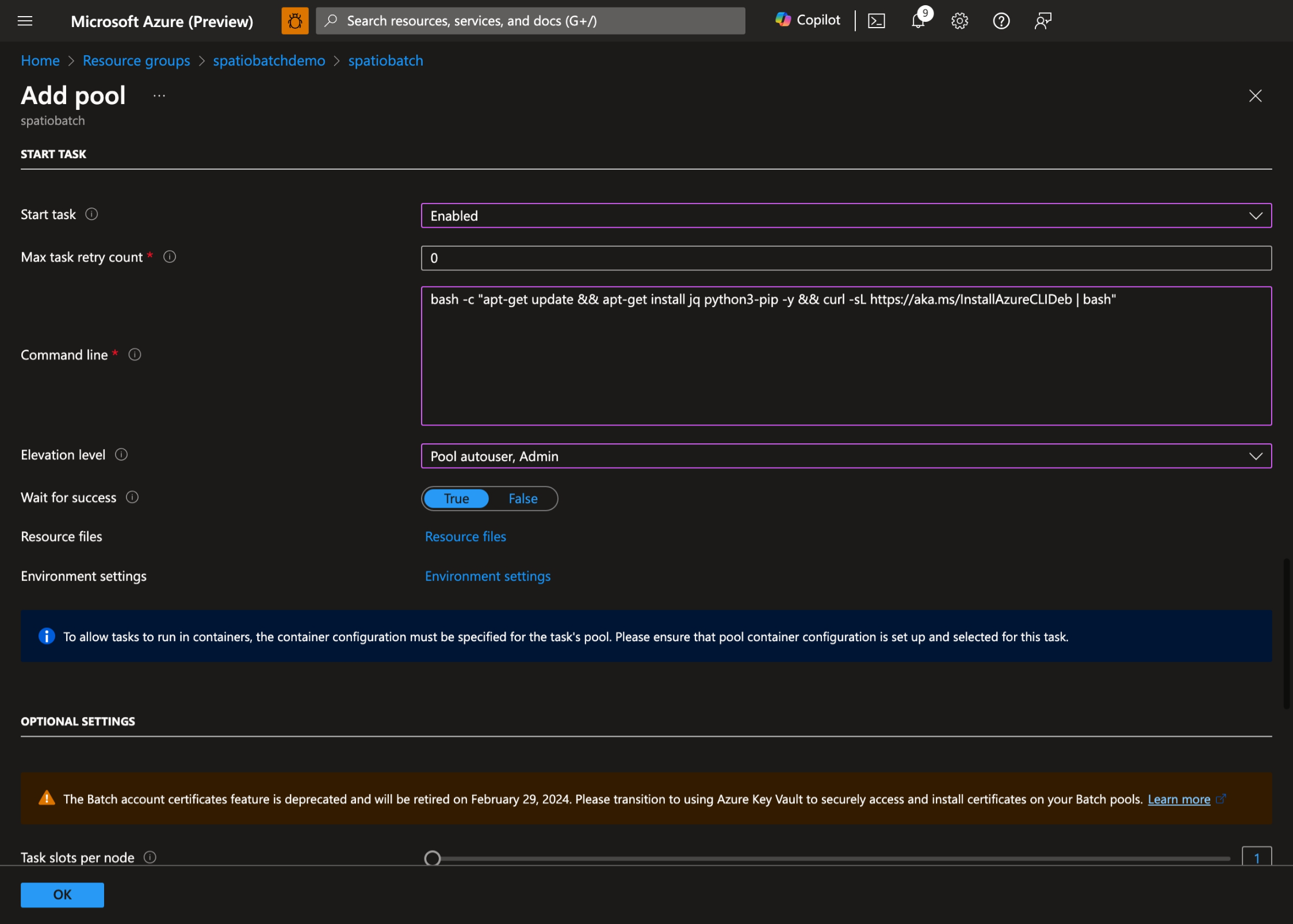 Captura de tela da página de configuração Iniciar Tarefa para um pool do Lote. A página inclui campos para especificar um script de linha de comando, nível de elevação e outras configurações para inicializar nós de computação.