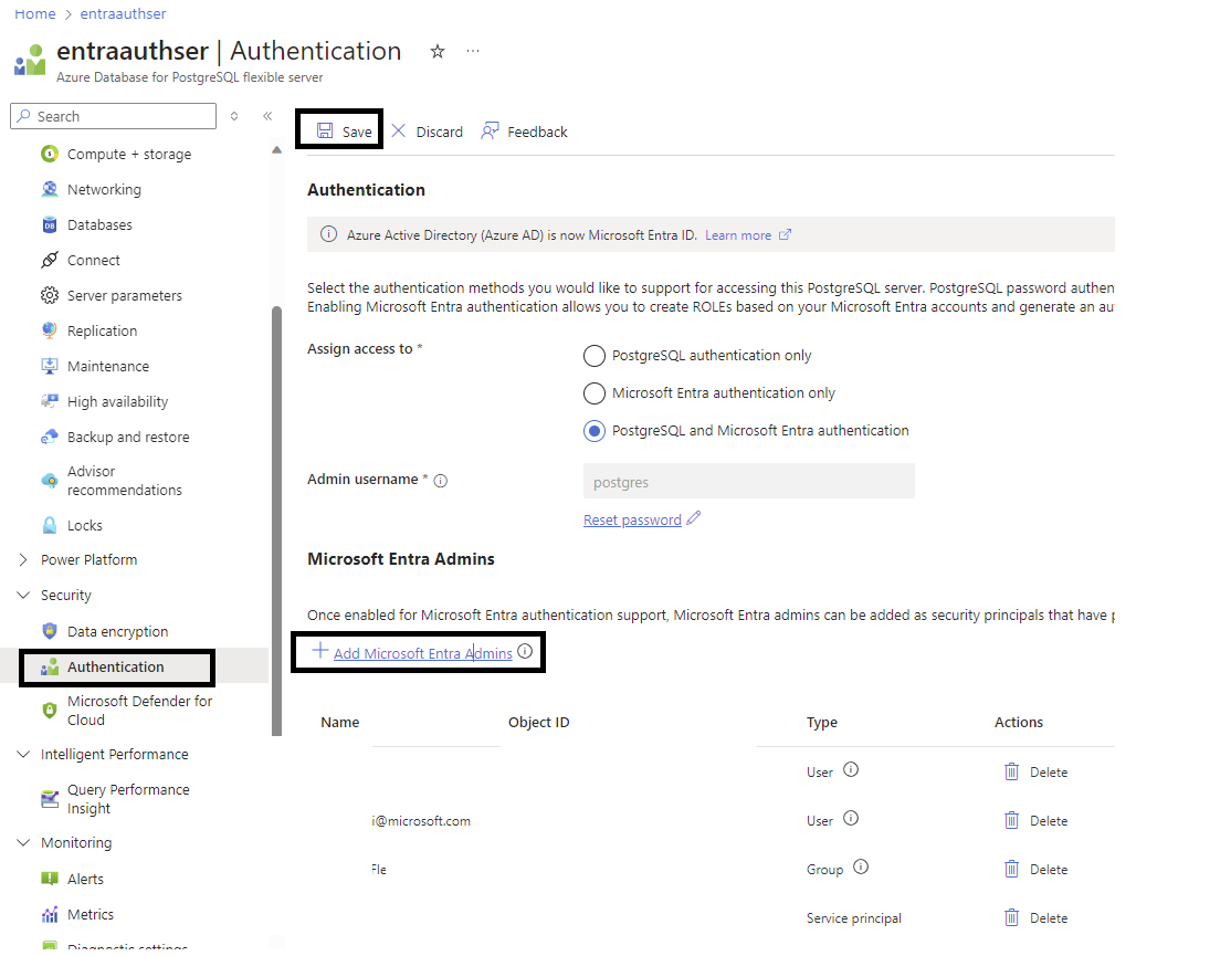 Captura de tela que mostra as seleções para definir um administrador do Microsoft Entra após a criação do servidor.