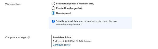 Screenshot that shows the default values for compute + storage settings.