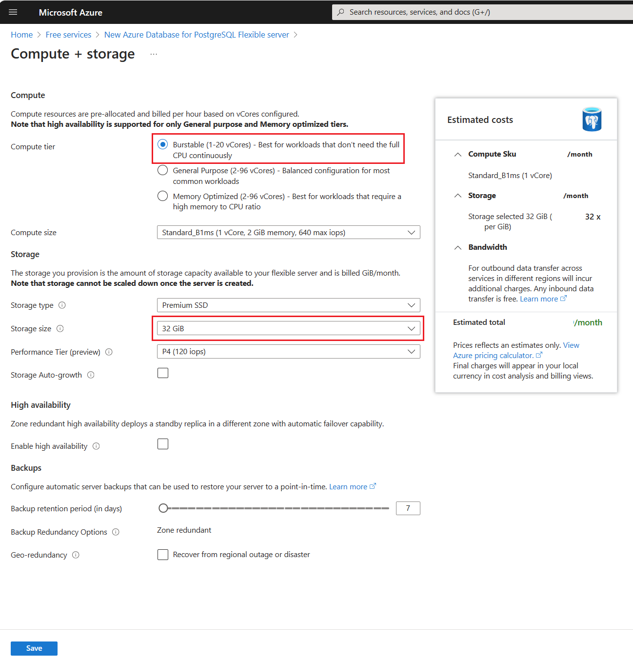 Captura de tela que mostra a folha do servidor de configuração de Computação + armazenamento, para escolher SKU B1MS e Armazenamento de 32 GB.