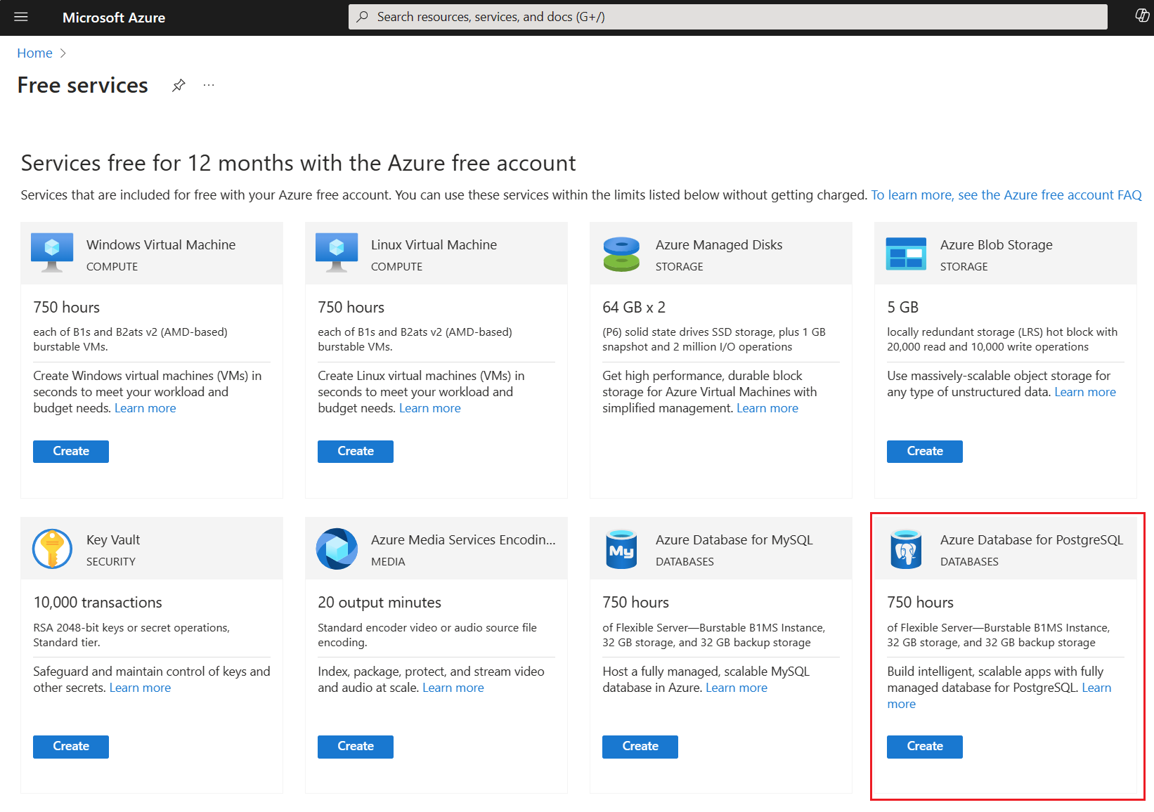 Captura de tela que mostra uma lista de todos os serviços gratuitos no portal do Azure, realçando o PostgreSQL.