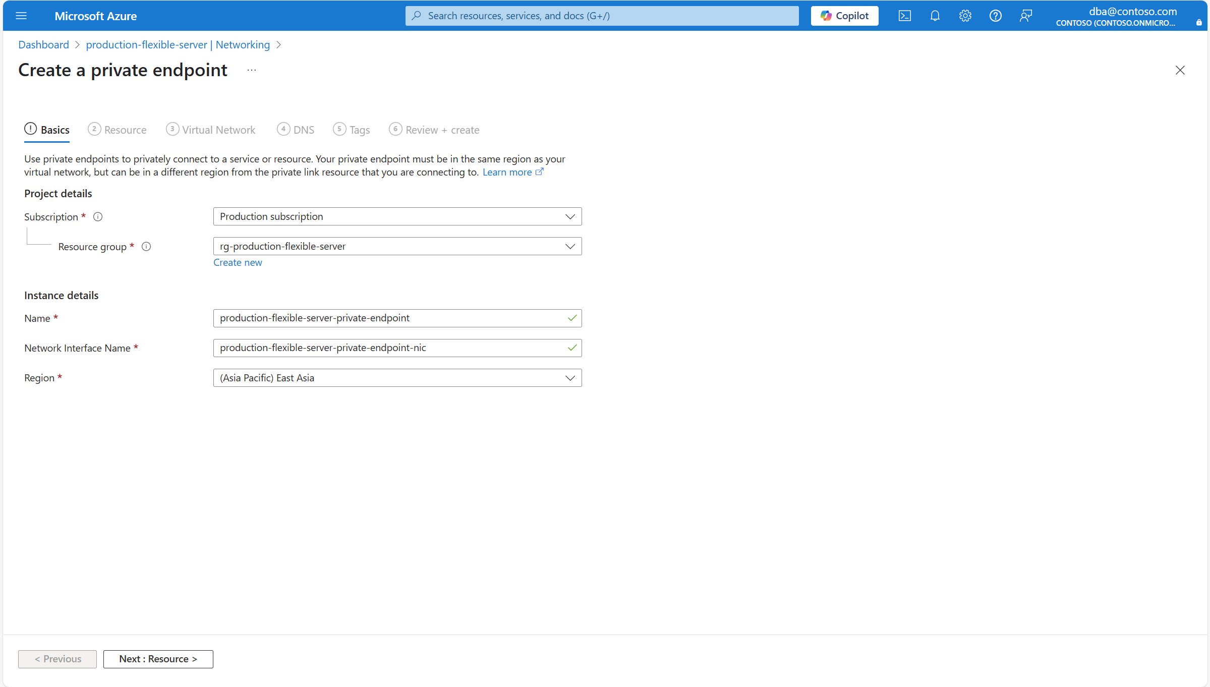 Captura de tela mostrando a página Noções básicas de Criar um ponto de extremidade privado.