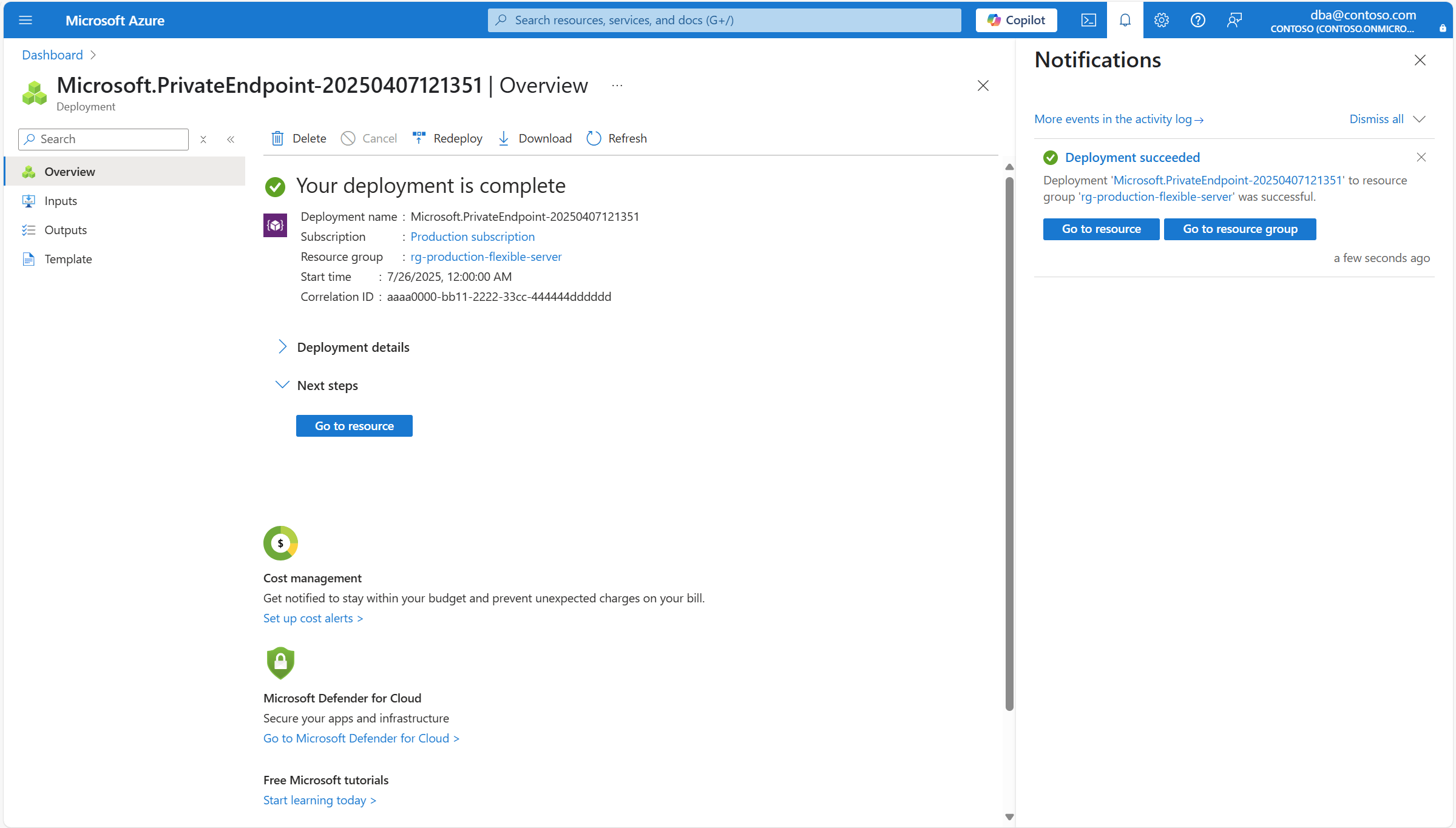 Captura de tela mostrando a implantação bem-sucedida do ponto de extremidade privado.