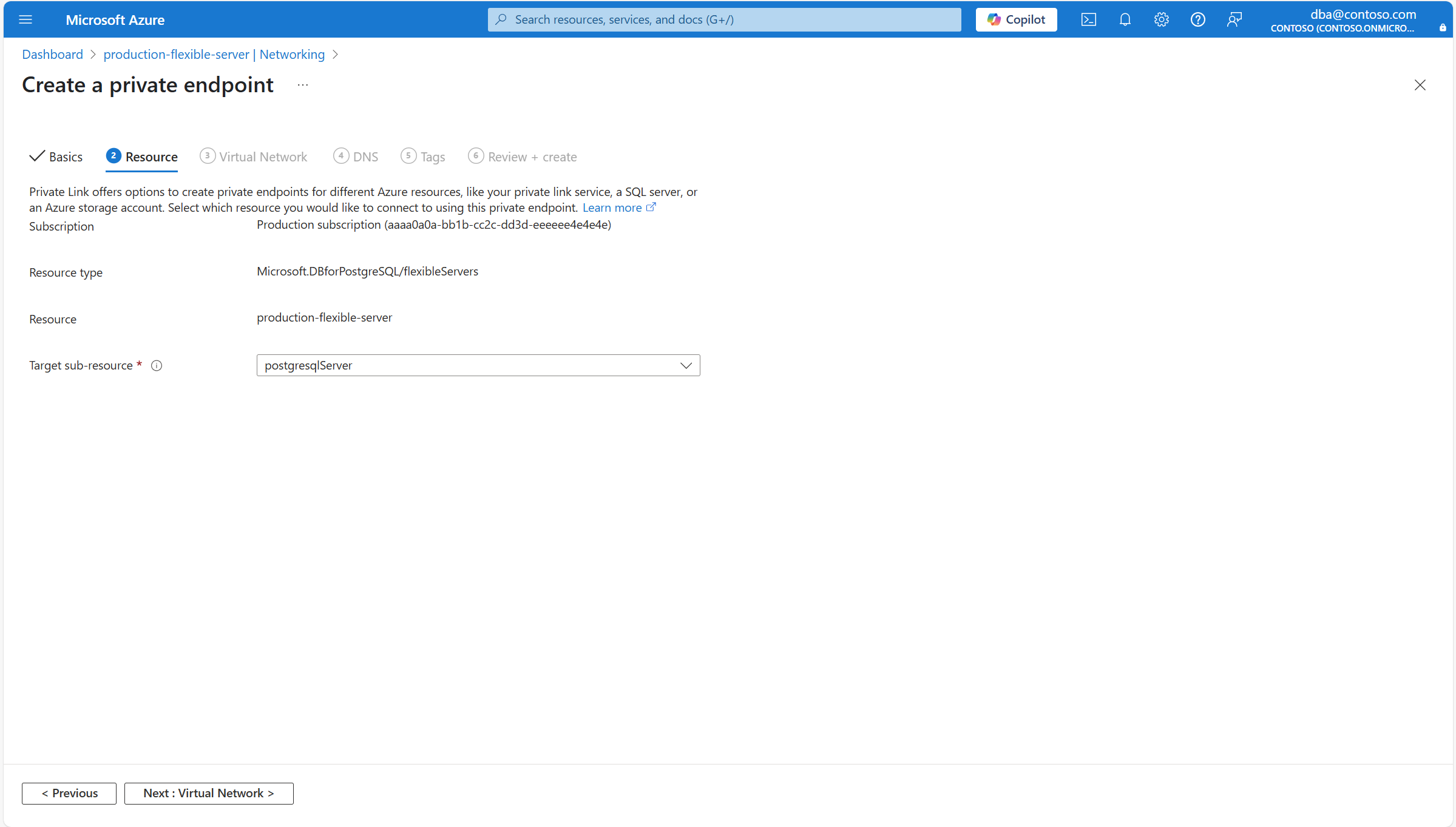 Captura de tela mostrando a página Recurso de Criar um ponto de extremidade privado.