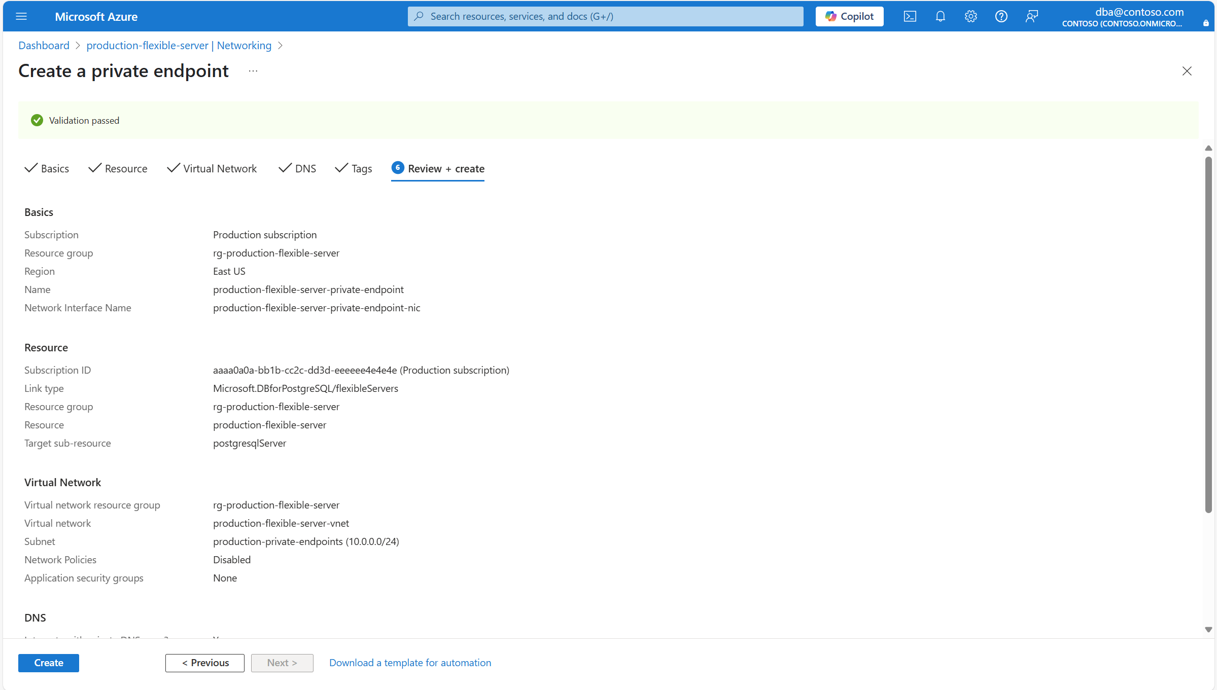 Captura de tela mostrando a página Revisar + criar de Criar um ponto de extremidade privado.