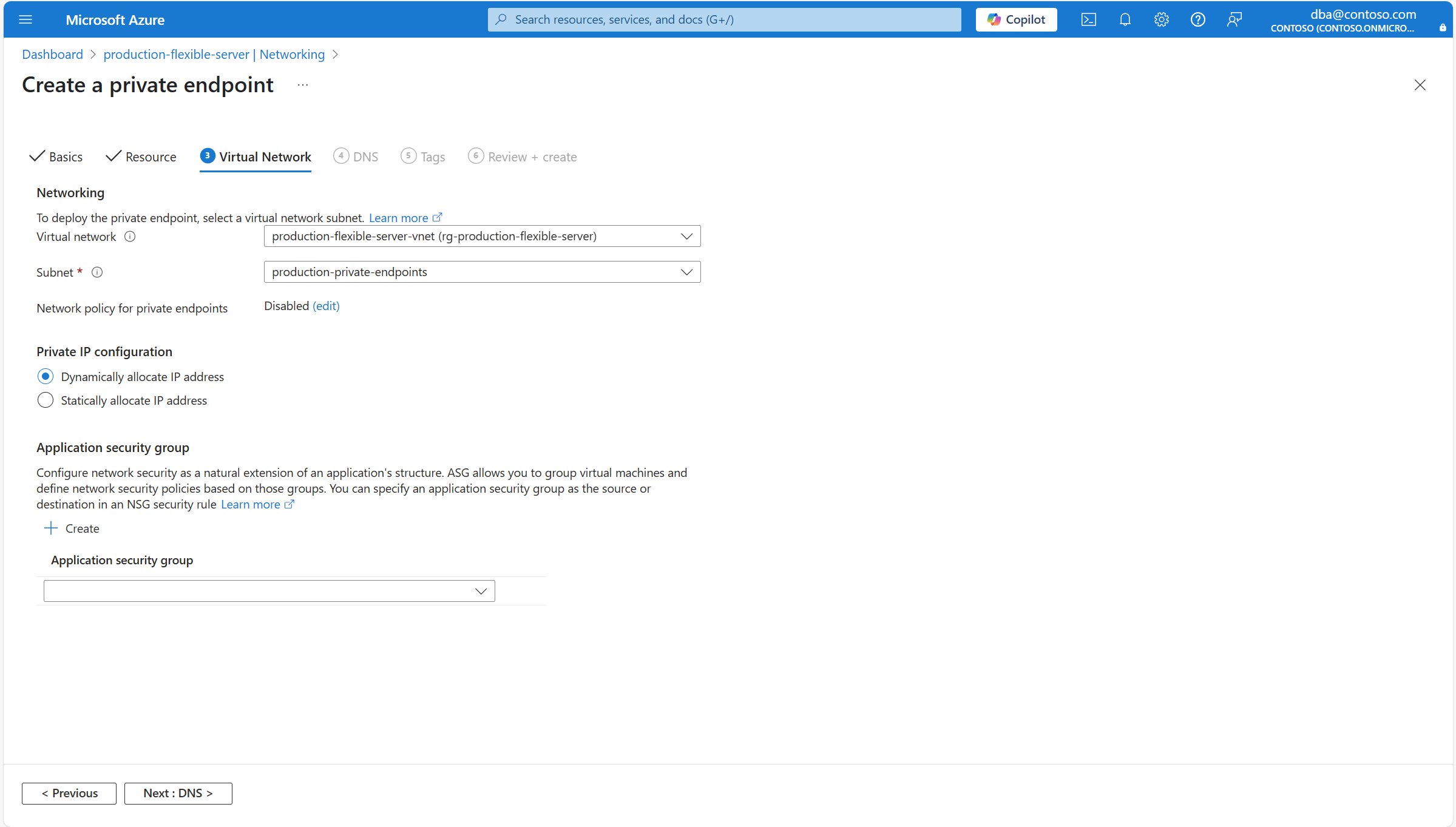 Captura de tela mostrando a página Rede Virtual de Criar um ponto de extremidade privado.