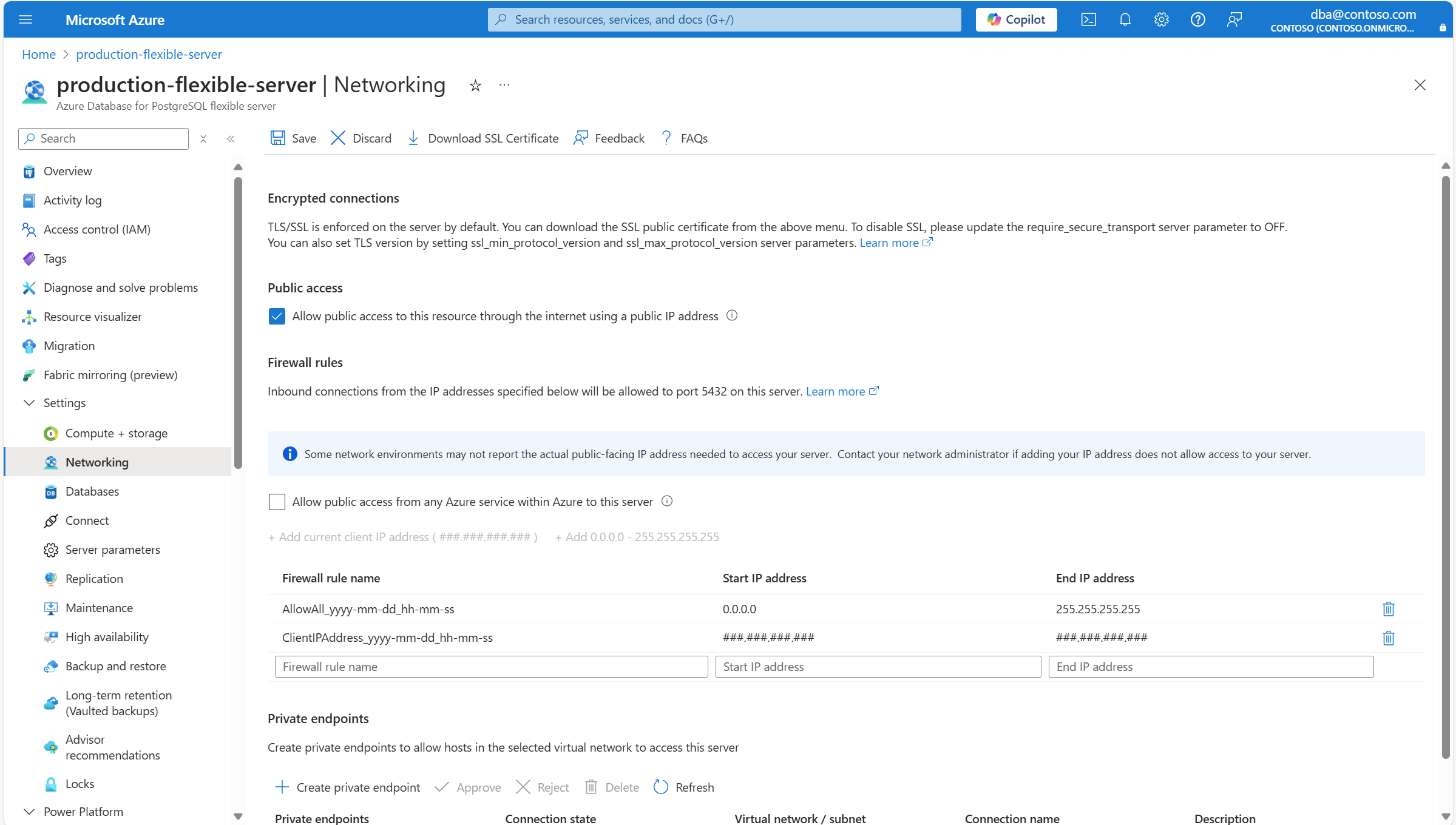 Captura de tela mostrando como excluir a regra de firewall para permitir conexões de qualquer serviço do Azure.