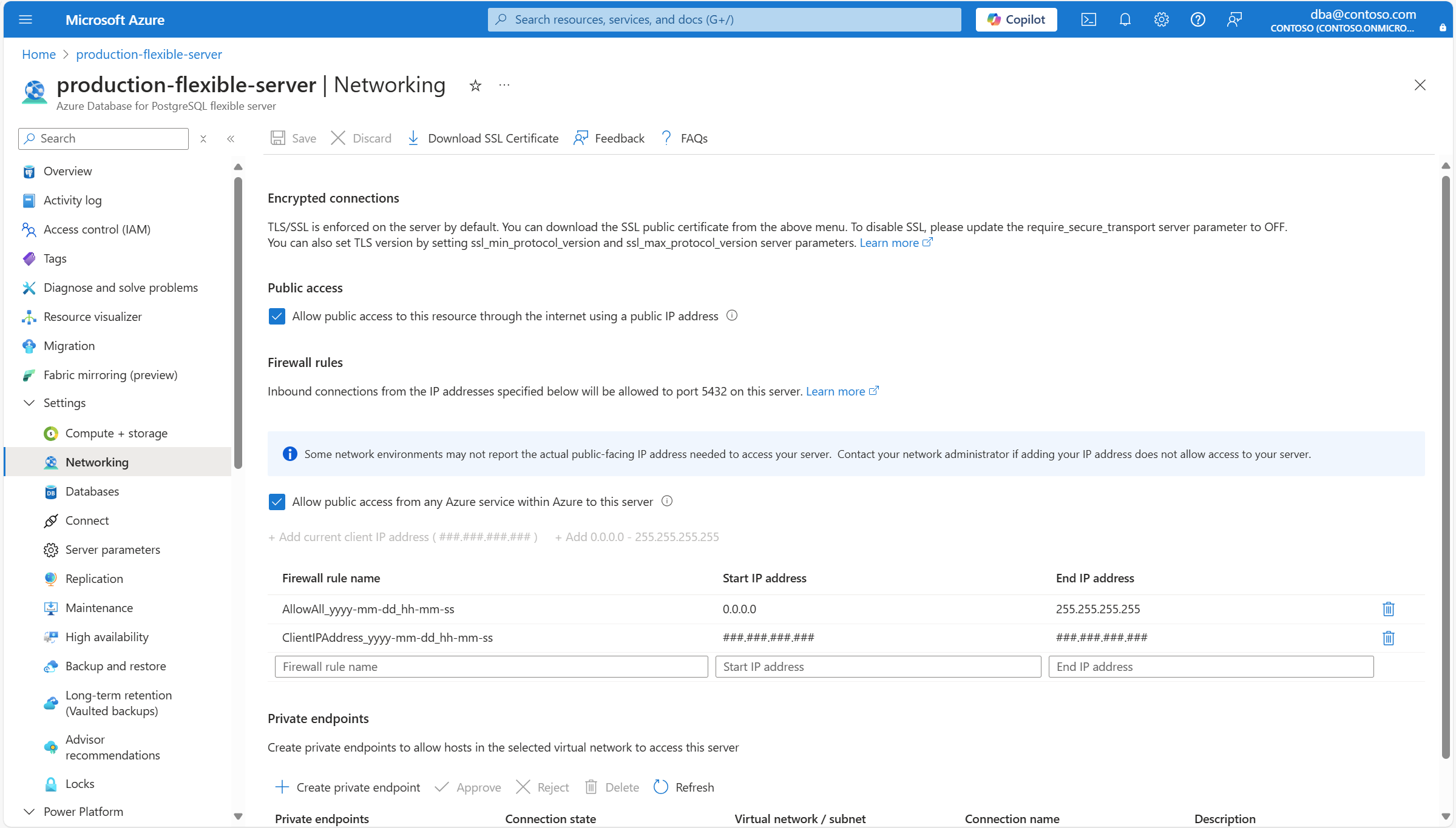Captura de tela mostrando como excluir a regra de firewall que você criou para permitir conexões do endereço IP do computador do qual você está navegando no portal do Azure.