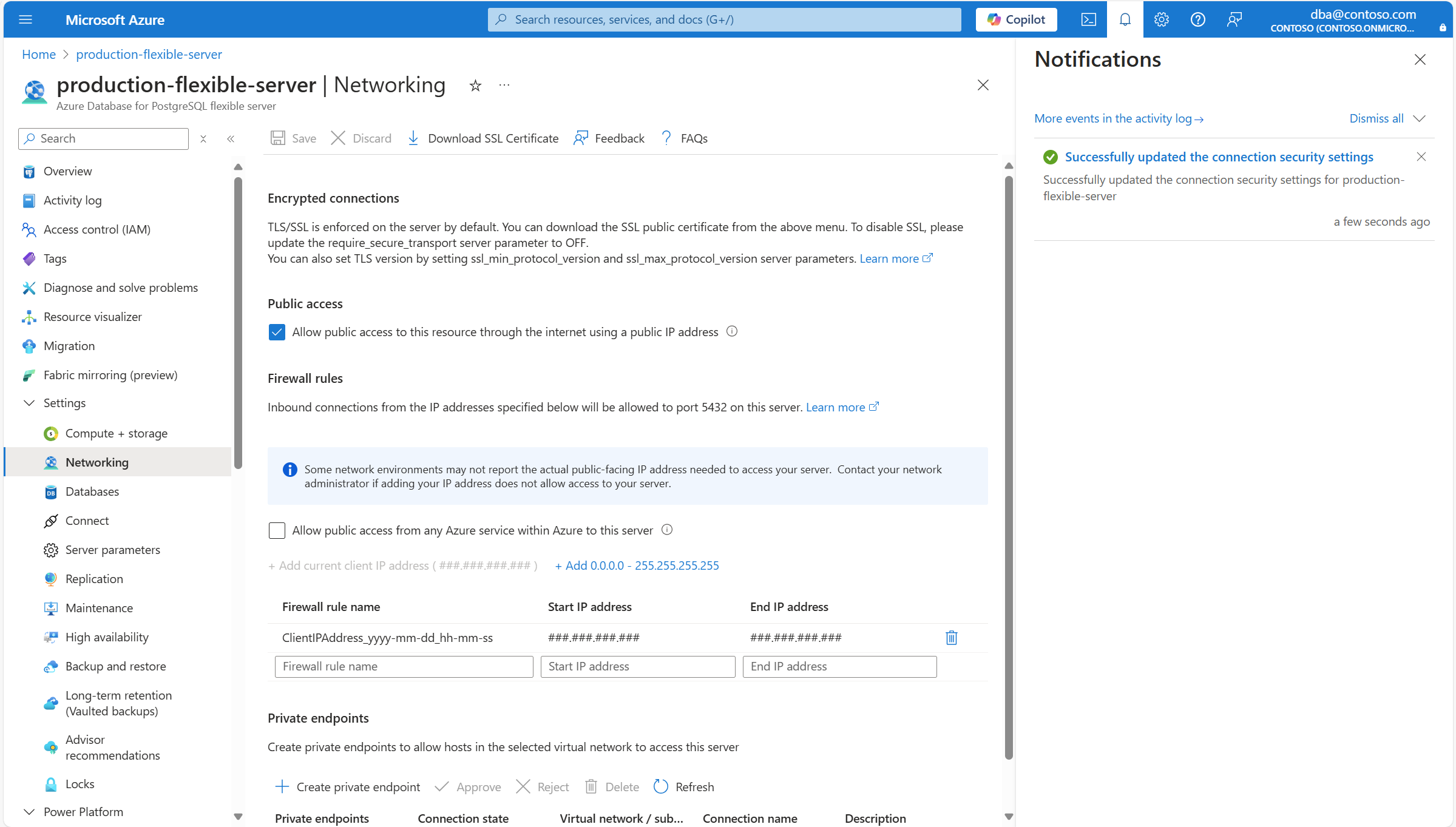 Captura de tela mostrando um servidor cujas configurações de rede foram salvas com êxito.