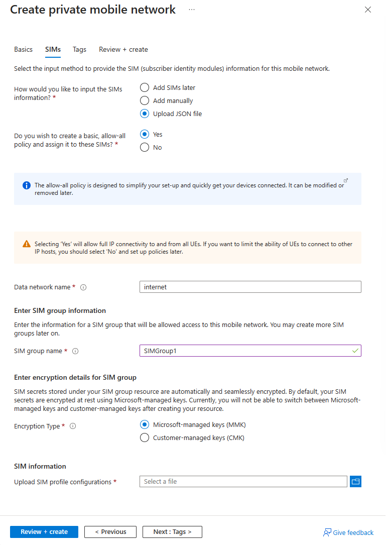 Captura de tela do portal do Azure mostrando a guia de configurações dos SIMs.