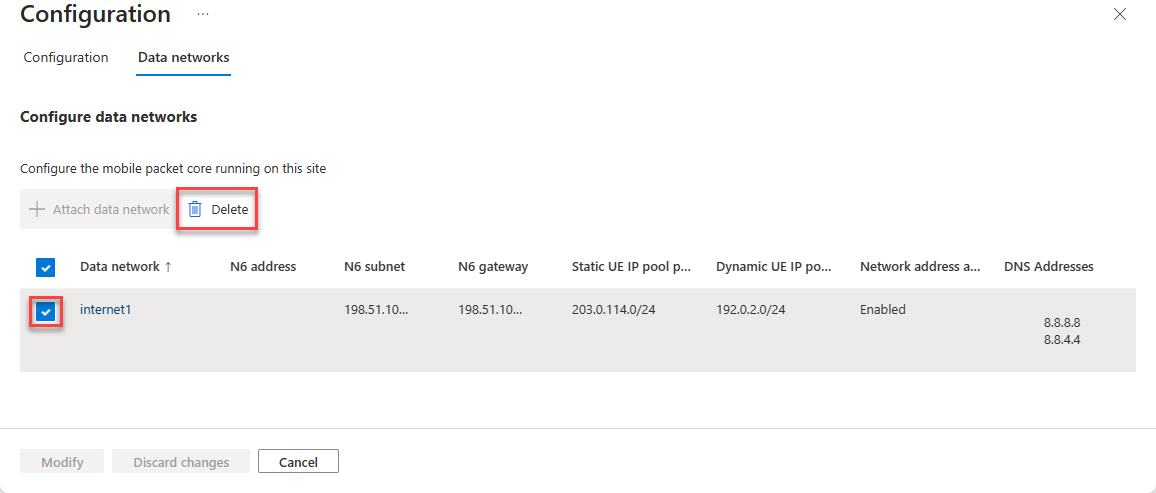 Captura de tela do portal do Azure mostrando uma rede de dados selecionada e o botão excluir.