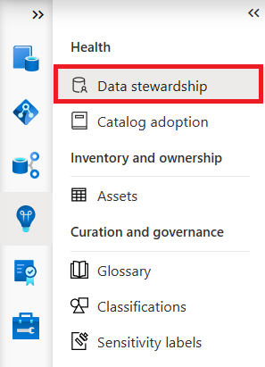 Captura de tela do menu do portal de governança do Microsoft Purview Data Estate Insights com a Administração de Dados realçada na seção Integridade.