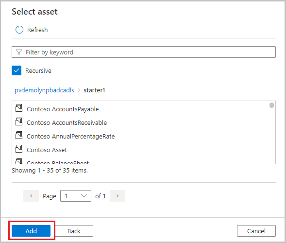 Captura de tela mostrando que o proprietário dos dados pode selecionar o ativo ao criar ou editar uma instrução de política.