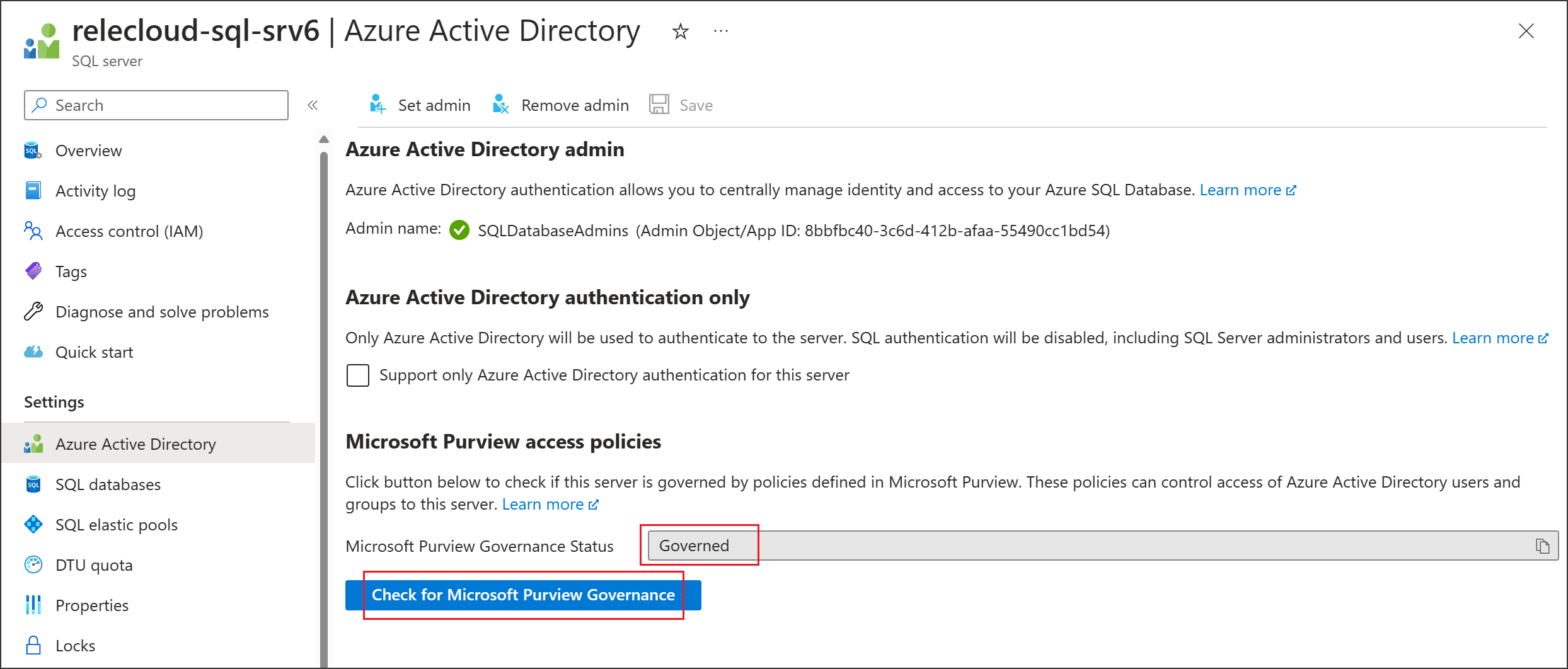 Captura de tela que mostra que o SQL do Azure é regido pelo Microsoft Purview.