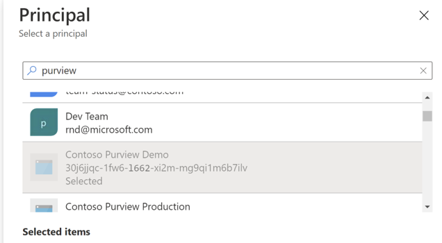 Captura de tela da seleção de sua conta do Microsoft Purview como Principal.