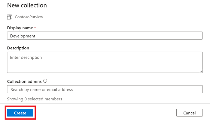 Captura de tela da janela do portal de governança do Microsoft Purview, mostrando a nova janela de coleção, com um nome de exibição e administradores de coleção selecionados e o botão criar realçado.