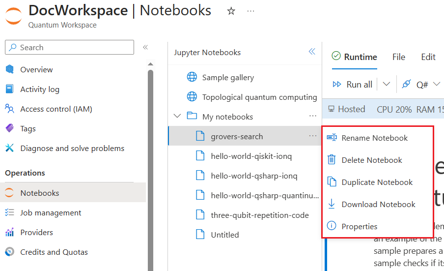 Captura de tela do painel de contexto do notebook no Azure Quantum.