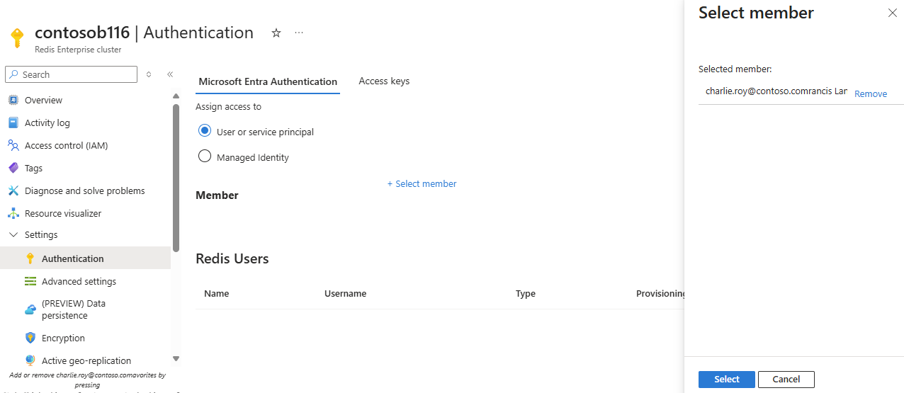 Captura de tela da guia de autenticação no cache Redis do portal do Azure.