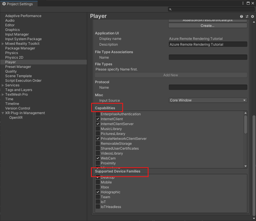 Screenshot of the Unity Project Settings dialog. The Player entry is selected in the list on the left. Highlights on the right side are placed on the Capabilities and the Supported Device Families settings.