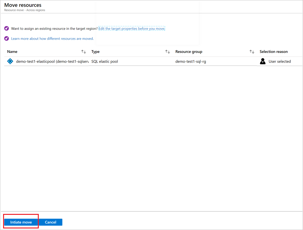 Screenshot displays button to initiate move of elastic pool.