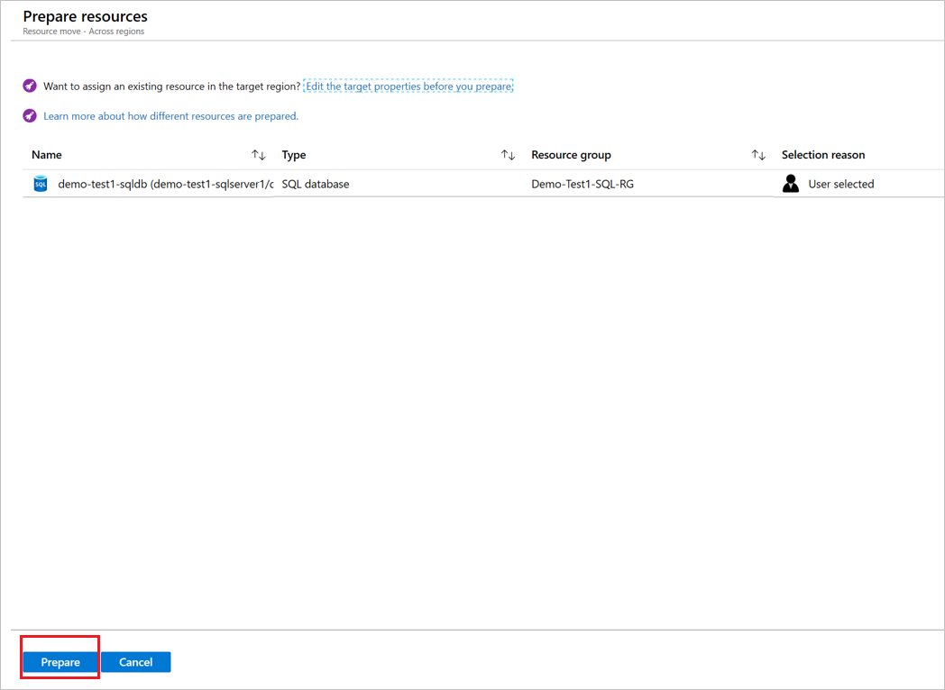 Screenshot displays button to prepare database in elastic pool.